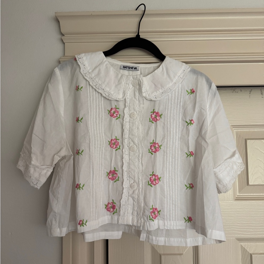 Batsheva White Blouse with Pink Floral Embroidery